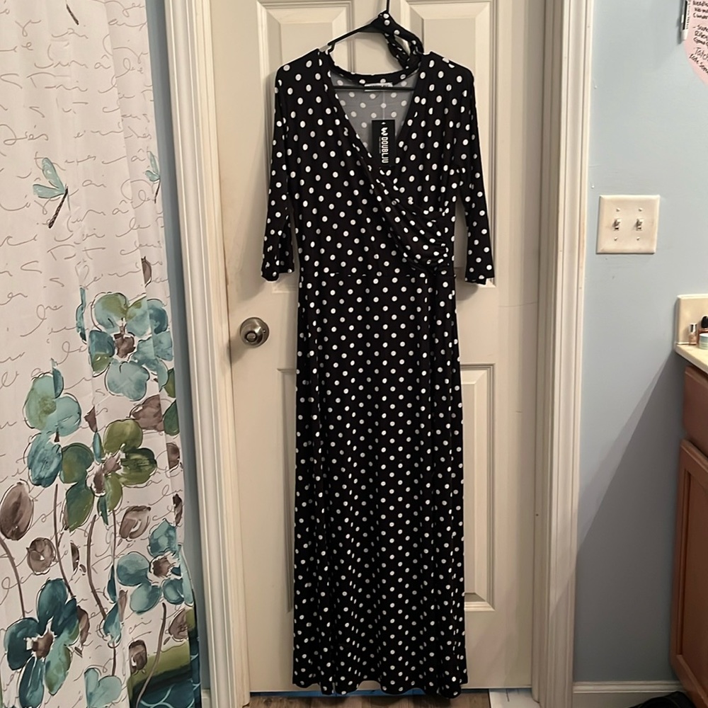 Black and white floor length polka dot dress with removable belt